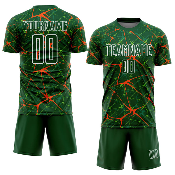 Custom Green Orange-White Abstract Network Crackle Sublimation Soccer Uniform Jersey alternate