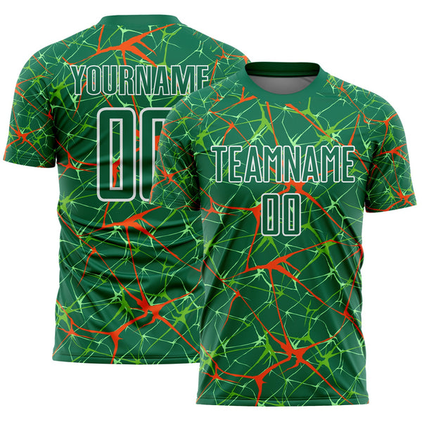 Custom Kelly Green Orange-White Abstract Network Crackle Sublimation Soccer Uniform Jersey
