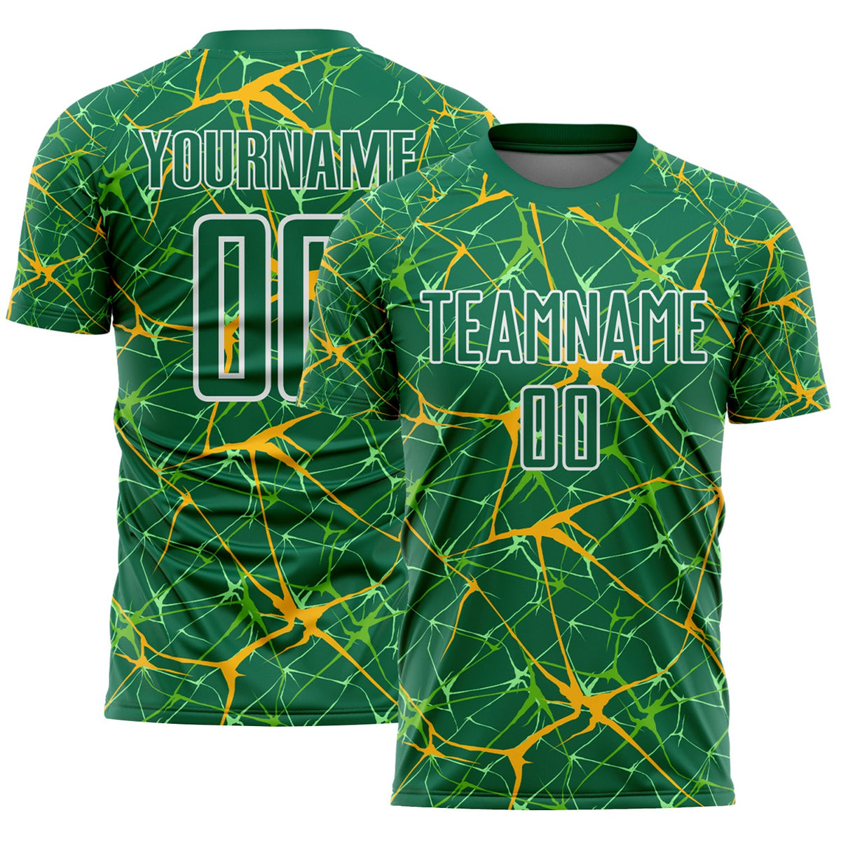 Custom Kelly Green Gold-White Abstract Network Crackle Sublimation Soccer Uniform Jersey