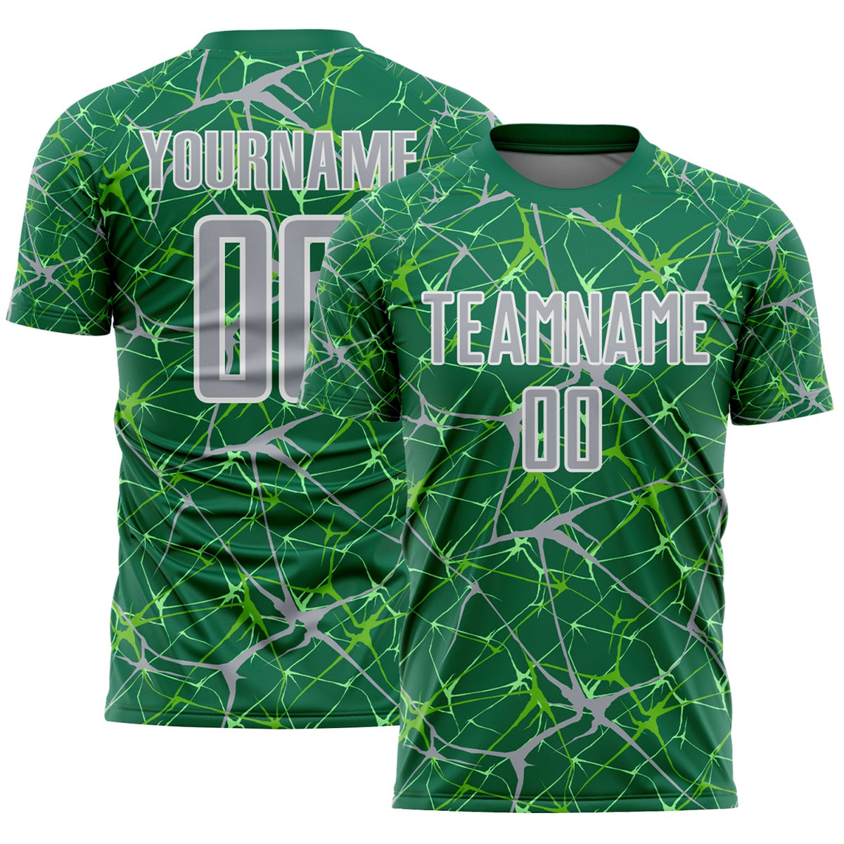 Custom Kelly Green Gray-White Abstract Network Crackle Sublimation Soccer Uniform Jersey