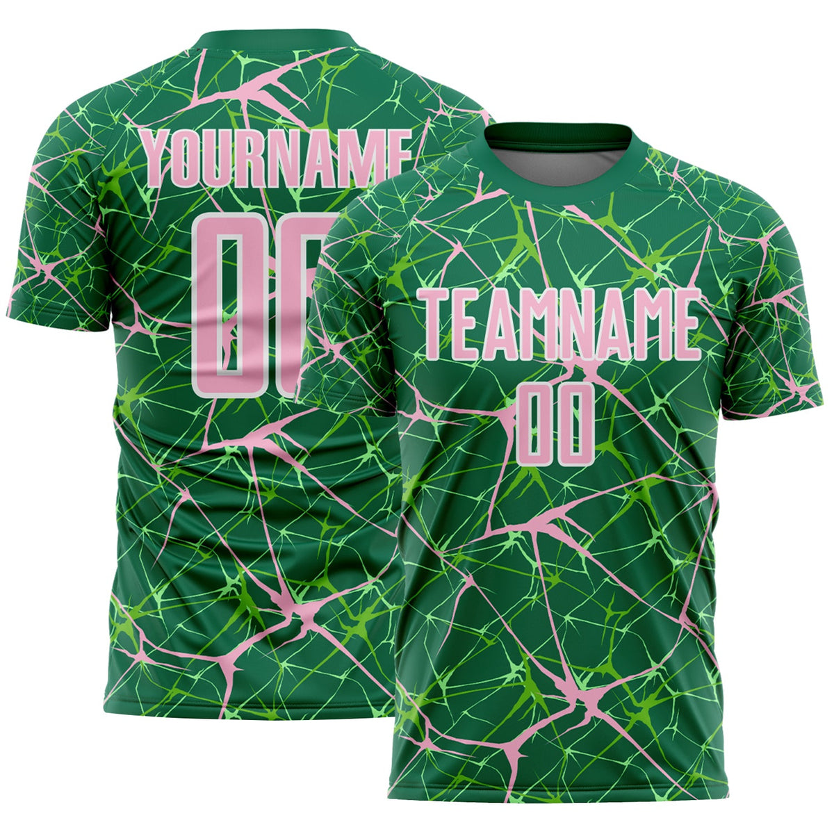 Custom Kelly Green Light Pink-White Abstract Network Crackle Sublimation Soccer Uniform Jersey