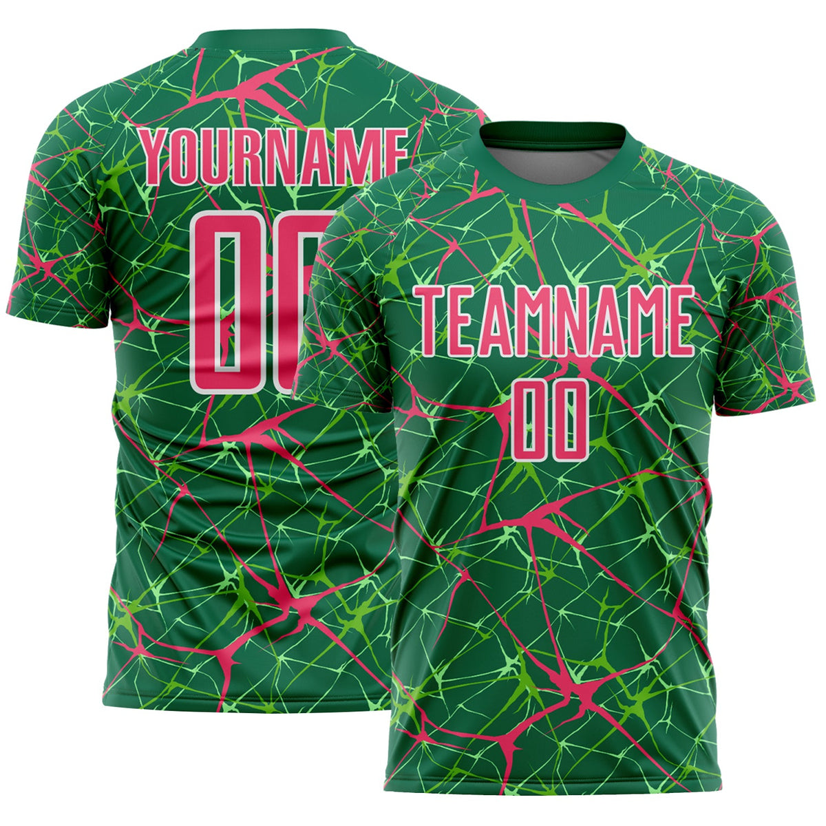 Custom Kelly Green Neon Pink-White Abstract Network Crackle Sublimation Soccer Uniform Jersey