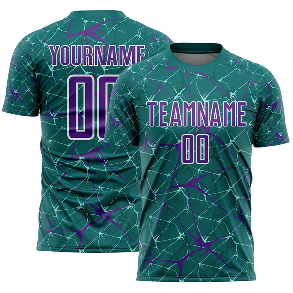 Custom Teal Purple-White Abstract Network Crackle Sublimation Soccer Uniform Jersey