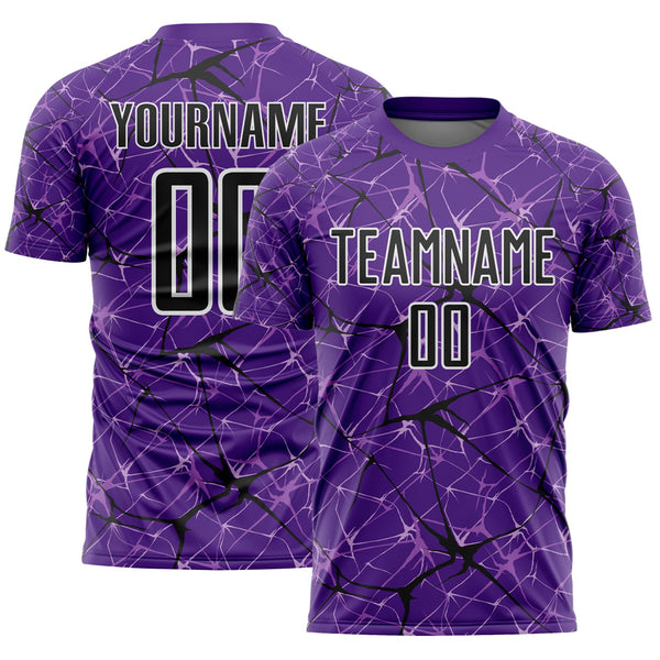 Custom Purple Black-White Abstract Network Crackle Sublimation Soccer Uniform Jersey