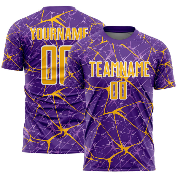 Custom Purple Gold-White Abstract Network Crackle Sublimation Soccer Uniform Jersey
