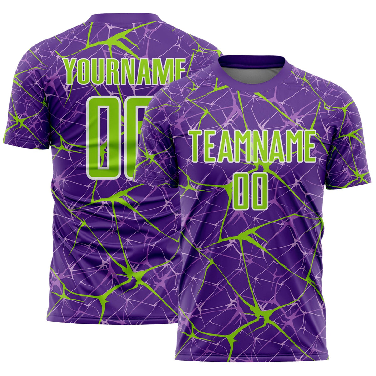 Custom Purple Neon Green-White Abstract Network Crackle Sublimation Soccer Uniform Jersey
