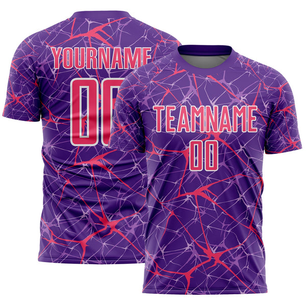 Custom Purple Neon Pink-White Abstract Network Crackle Sublimation Soccer Uniform Jersey
