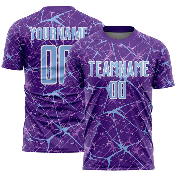 Custom Purple Light Blue-White Abstract Network Crackle Sublimation Soccer Uniform Jersey