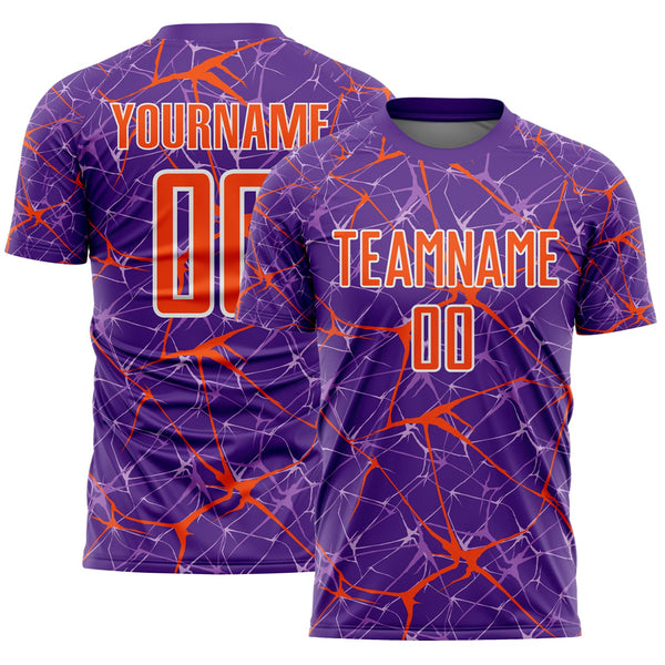 Custom Purple Orange-White Abstract Network Crackle Sublimation Soccer Uniform Jersey
