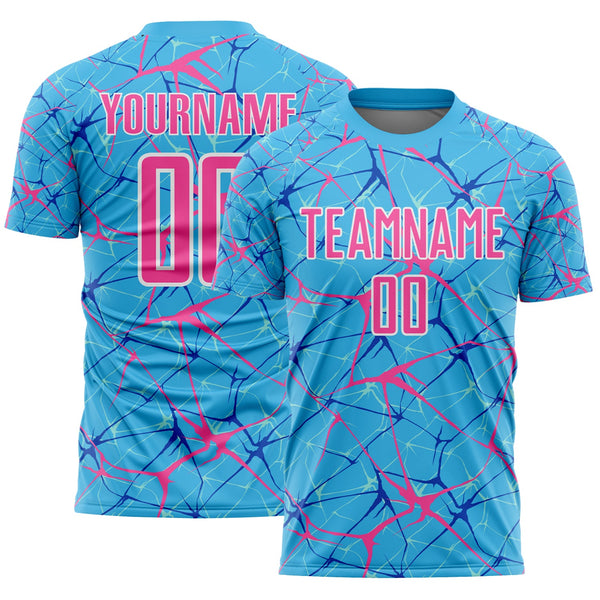 Custom Sky Blue Pink-White Abstract Network Crackle Sublimation Soccer Uniform Jersey