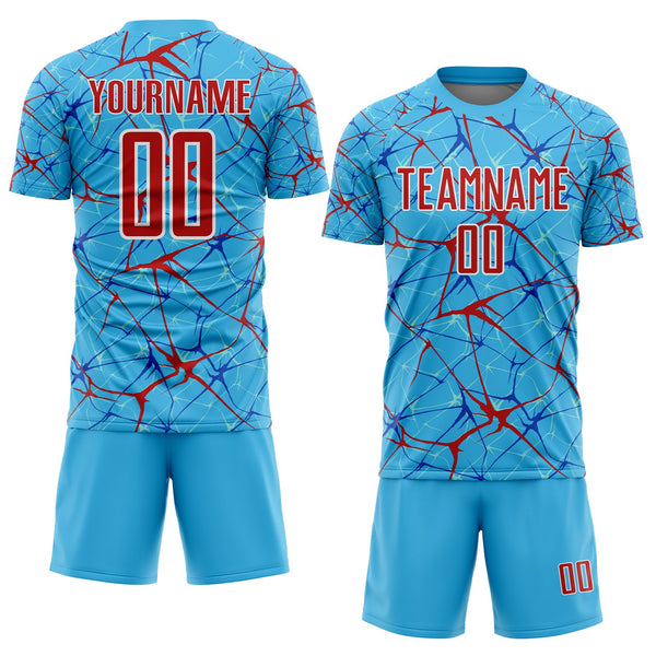 Custom Sky Blue Red-White Abstract Network Crackle Sublimation Soccer Uniform Jersey alternate