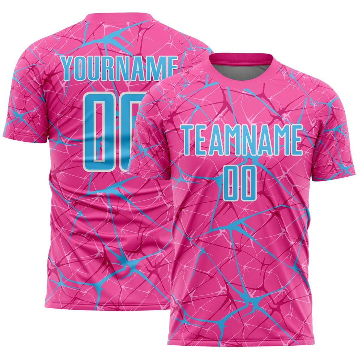 Custom Pink Sky Blue-White Abstract Network Crackle Sublimation Soccer Uniform Jersey