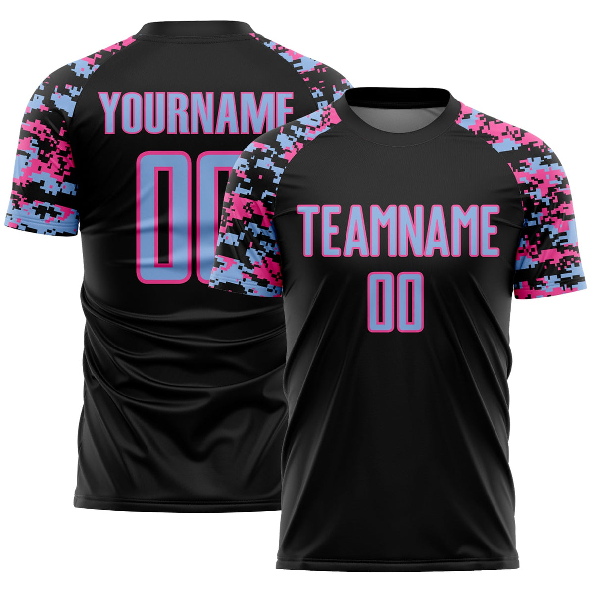 Custom Black Light Blue-Pink Digital Camo Raglan Sleeves Sublimation Soccer Uniform Jersey