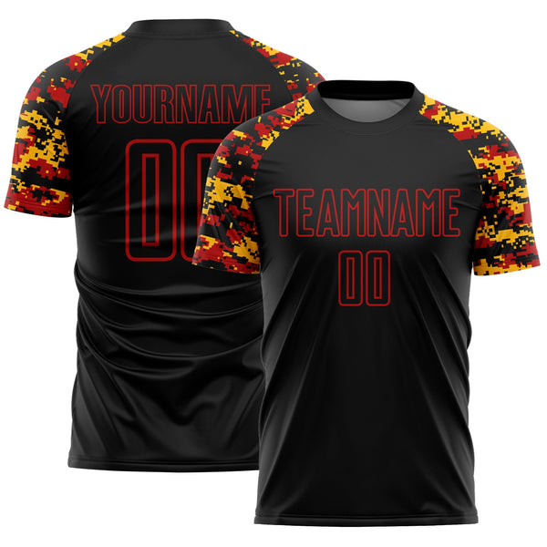 Custom Black Red-Gold Digital Camo Raglan Sleeves Sublimation Soccer Uniform Jersey