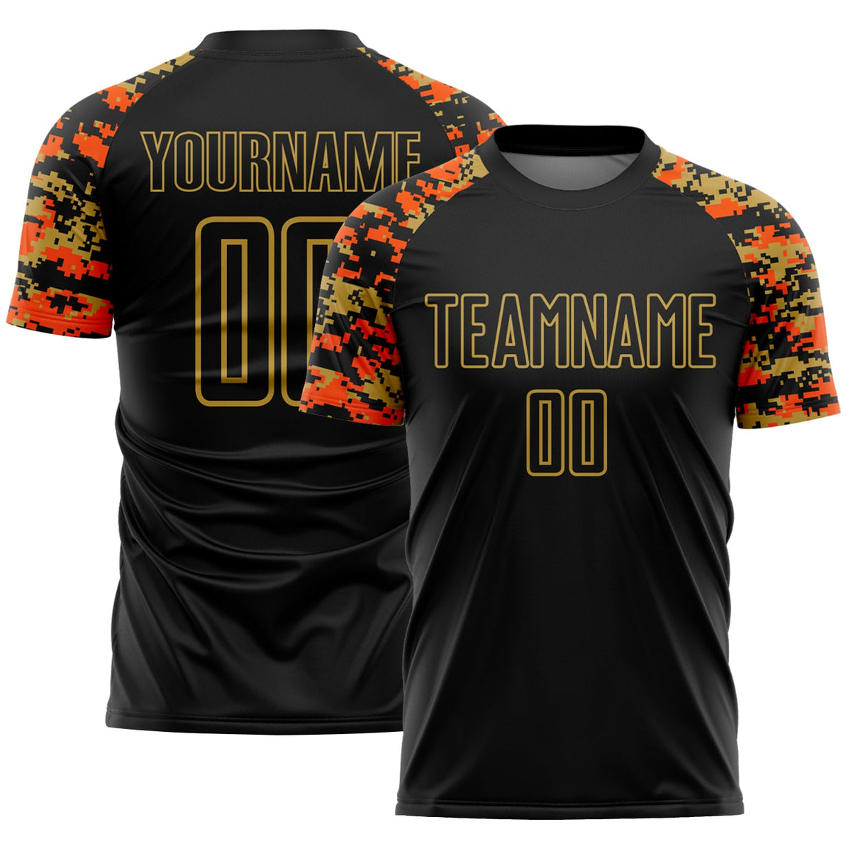 Custom Black Orange-Old Gold Digital Camo Raglan Sleeves Sublimation Soccer Uniform Jersey