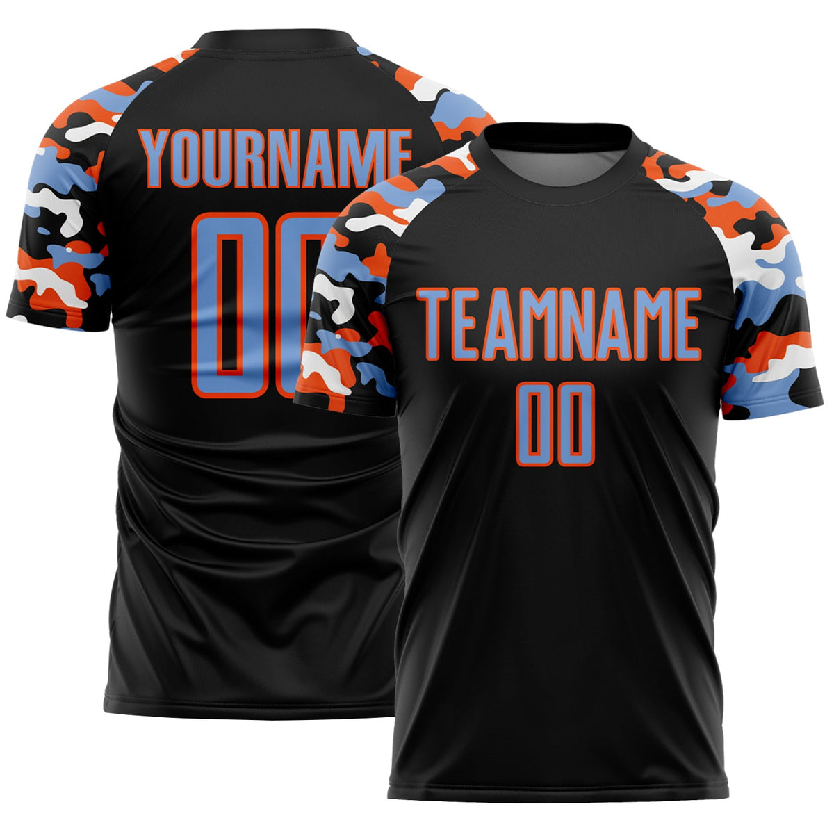 Custom Black Powder Blue Orange-White Digital Camo Raglan Sleeves Sublimation Soccer Uniform Jersey