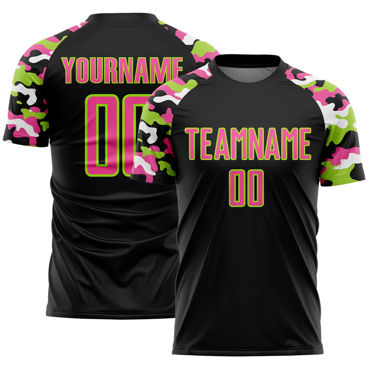 Custom Black Pink Neon Green-White Digital Camo Raglan Sleeves Sublimation Soccer Uniform Jersey