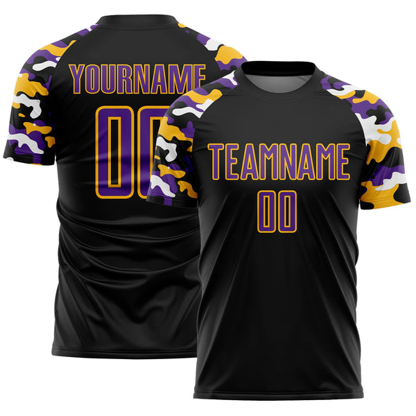 Custom Black Purple Gold-White Digital Camo Raglan Sleeves Sublimation Soccer Uniform Jersey