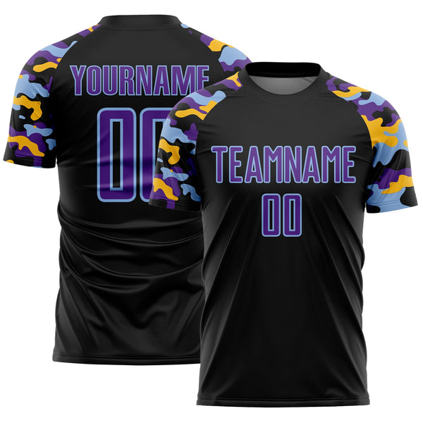 Custom Black Purple Light Blue-Gold Digital Camo Raglan Sleeves Sublimation Soccer Uniform Jersey