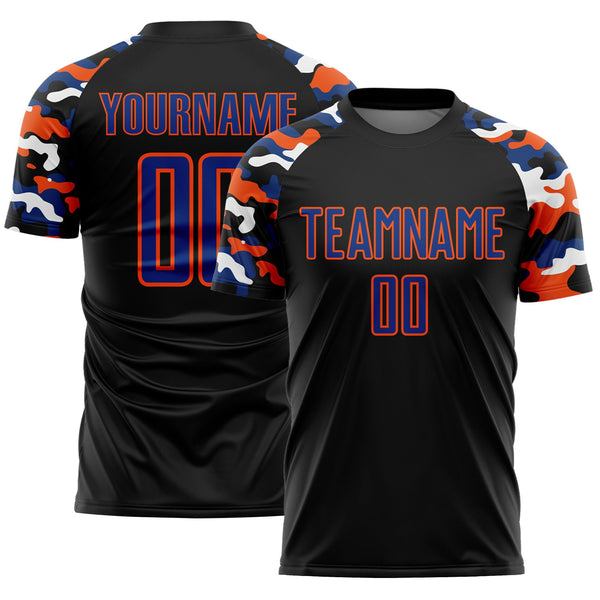 Custom Black Royal Orange-White Digital Camo Raglan Sleeves Sublimation Soccer Uniform Jersey
