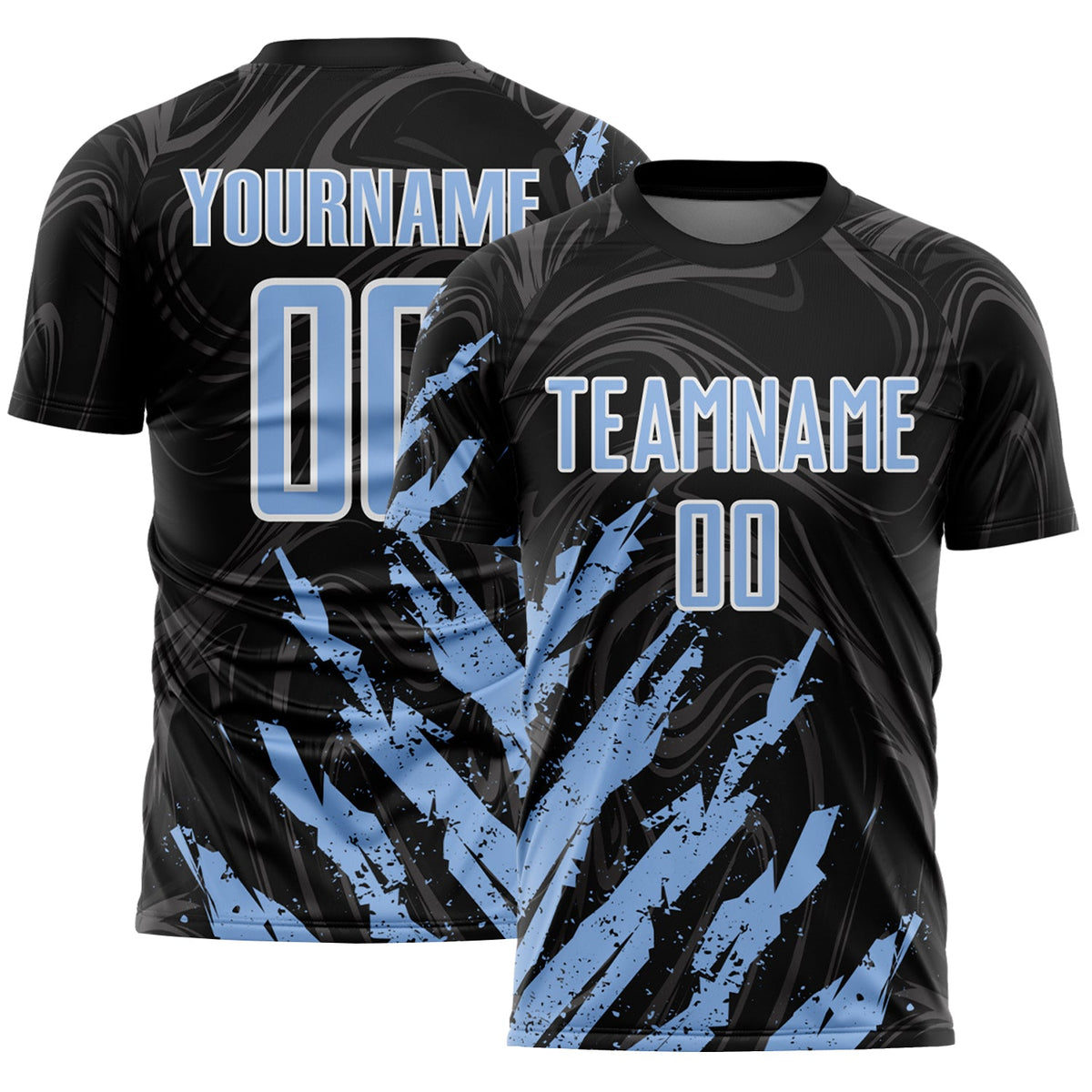 Custom Black Light Blue-White Brush Stroke Splatter Liquid Swirl Sublimation Soccer Uniform Jersey