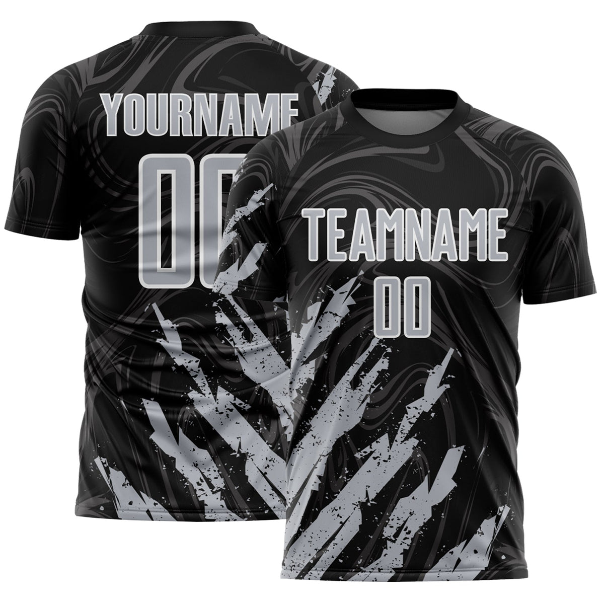 Custom Black Gray-White Brush Stroke Splatter Liquid Swirl Sublimation Soccer Uniform Jersey