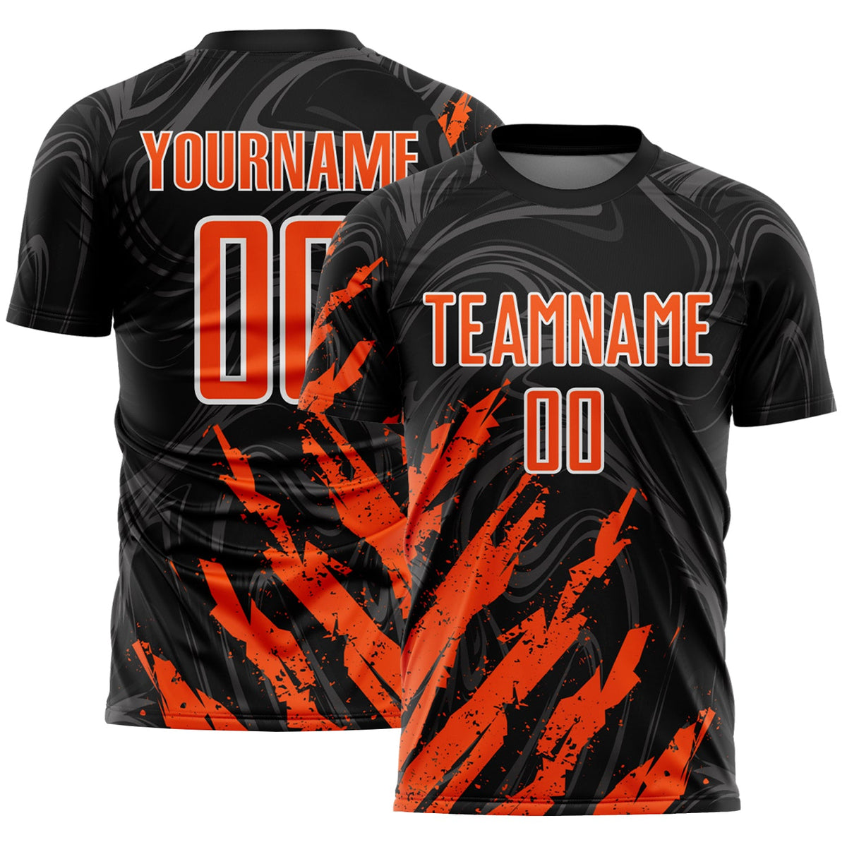 Custom Black Orange-White Brush Stroke Splatter Liquid Swirl Sublimation Soccer Uniform Jersey