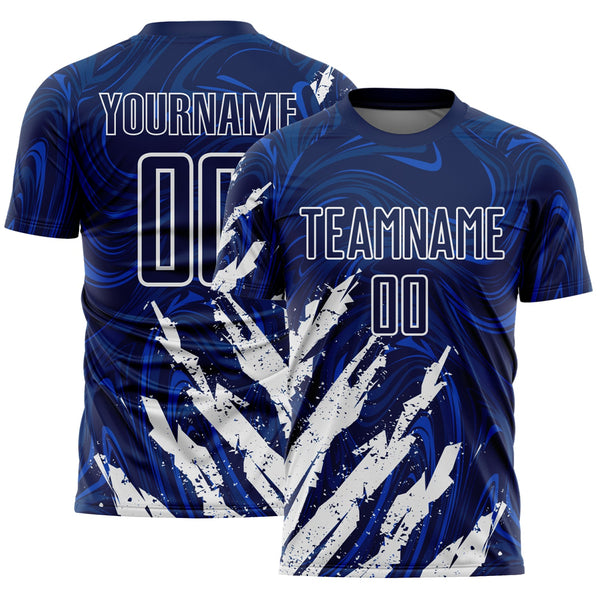 Custom Navy-White Brush Stroke Splatter Liquid Swirl Sublimation Soccer Uniform Jersey