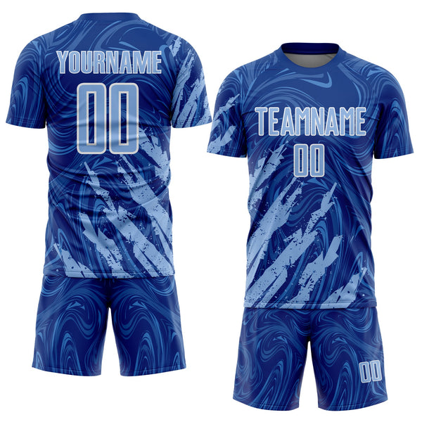 Custom Royal Light Blue-White Brush Stroke Splatter Liquid Swirl Sublimation Soccer Uniform Jersey alternate