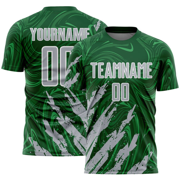 Custom Green Gray-White Brush Stroke Splatter Liquid Swirl Sublimation Soccer Uniform Jersey