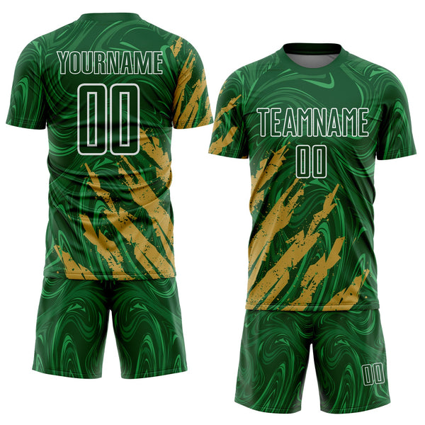 Custom Green Old Gold-White Brush Stroke Splatter Liquid Swirl Sublimation Soccer Uniform Jersey alternate