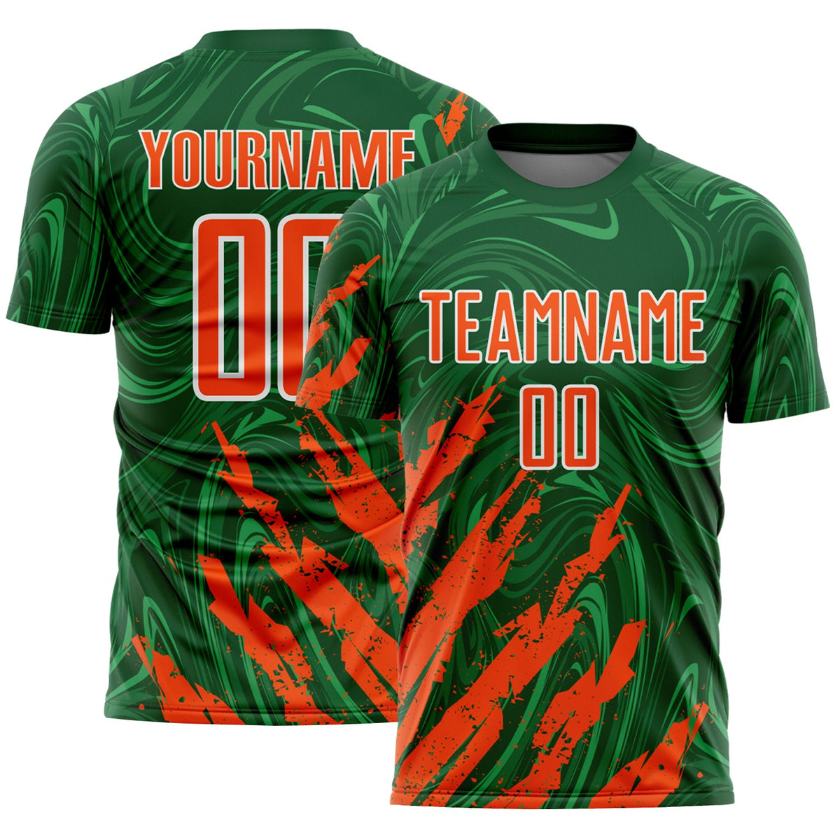 Custom Green Orange-White Brush Stroke Splatter Liquid Swirl Sublimation Soccer Uniform Jersey
