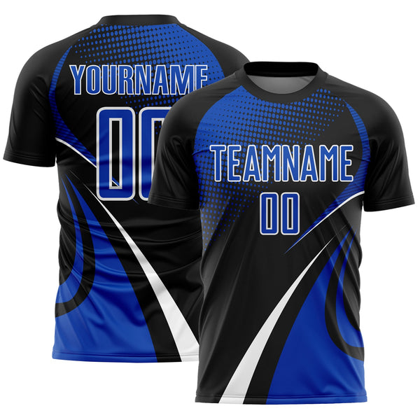 Custom Black Thunder Blue-White Halftone Dot Dynamic Curve Stripe Sublimation Soccer Uniform Jersey