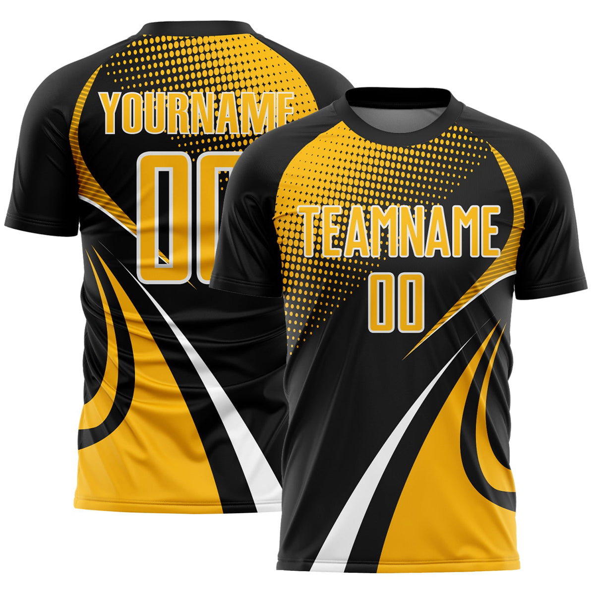 Custom Black Gold-White Halftone Dot Dynamic Curve Stripe Sublimation Soccer Uniform Jersey