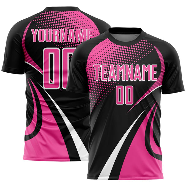 Custom Black Pink-White Halftone Dot Dynamic Curve Stripe Sublimation Soccer Uniform Jersey