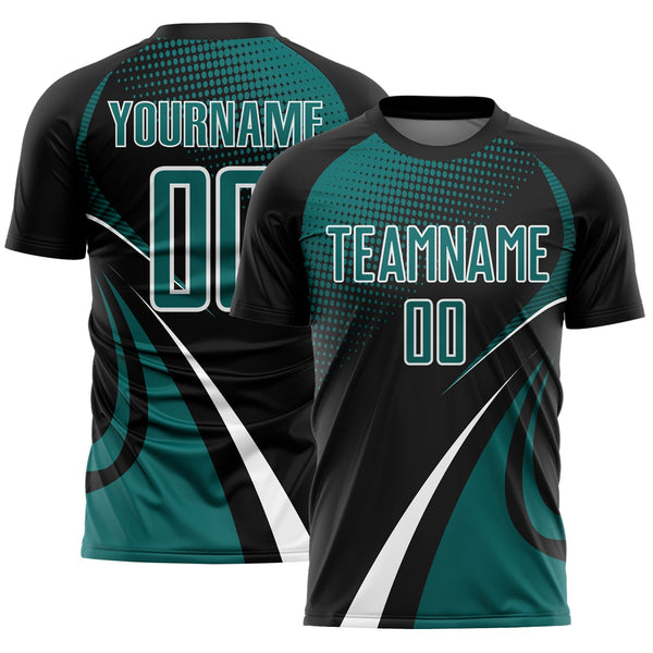 Custom Black Teal-White Halftone Dot Dynamic Curve Stripe Sublimation Soccer Uniform Jersey