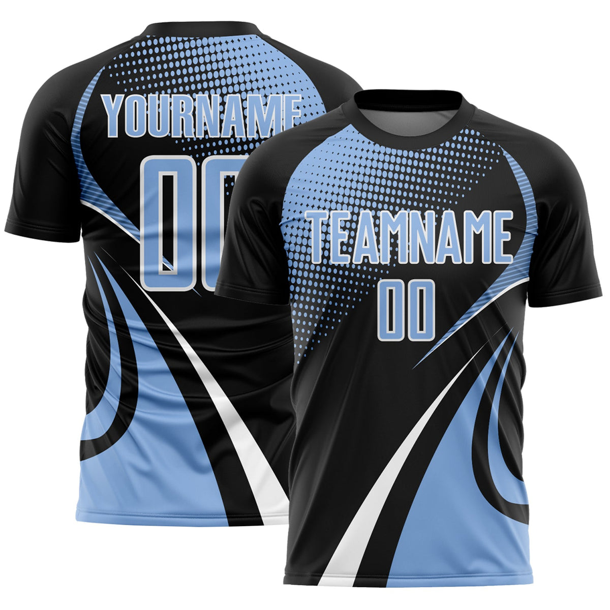 Custom Black Light Blue-White Halftone Dot Dynamic Curve Stripe Sublimation Soccer Uniform Jersey