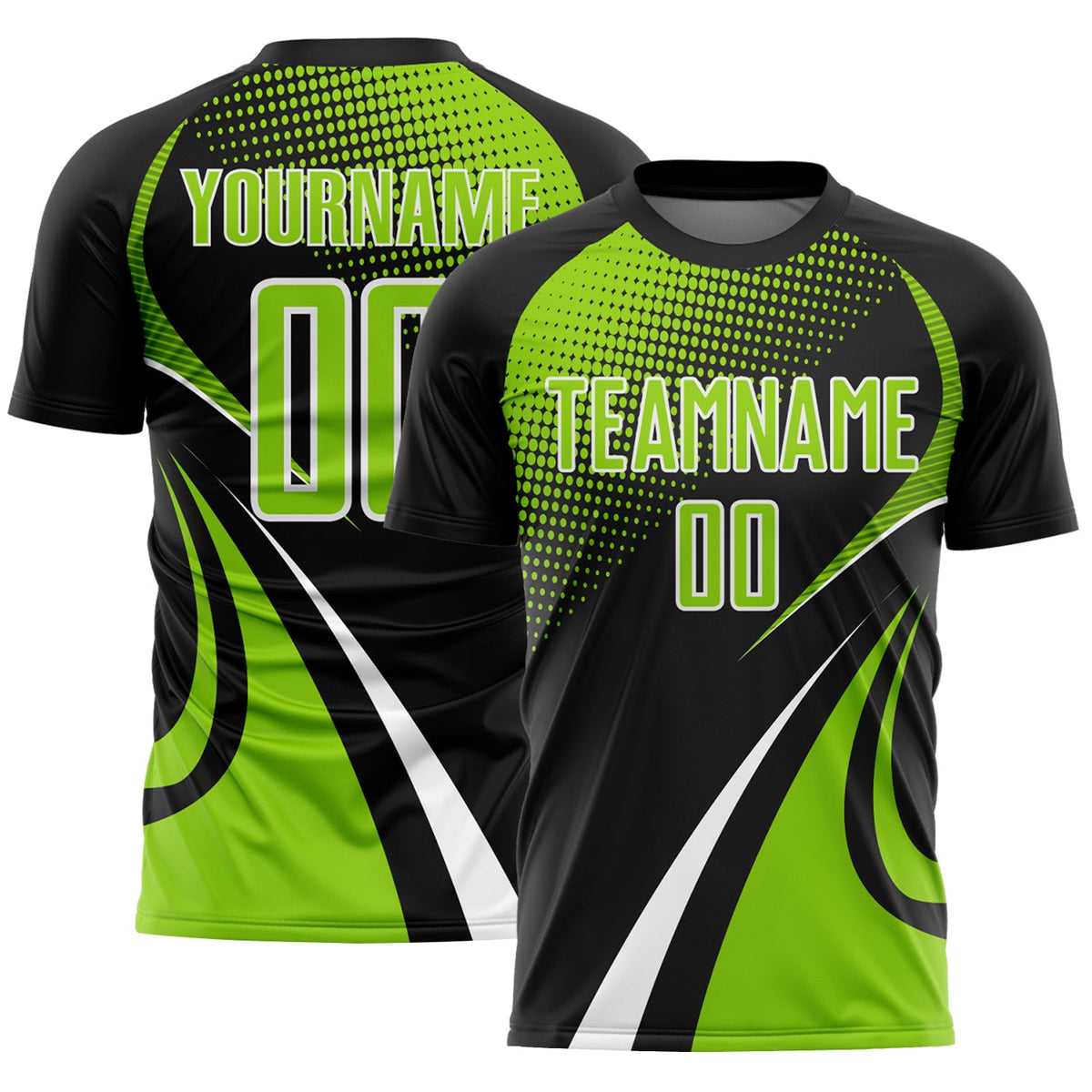Custom Black Neon Green-White Halftone Dot Dynamic Curve Stripe Sublimation Soccer Uniform Jersey