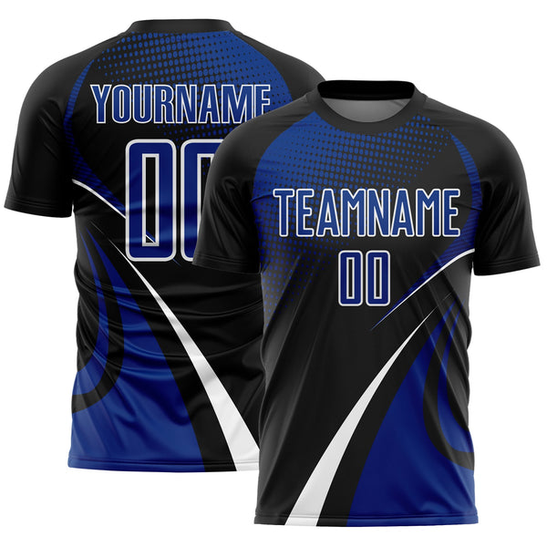 Custom Black Royal-White Halftone Dot Dynamic Curve Stripe Sublimation Soccer Uniform Jersey