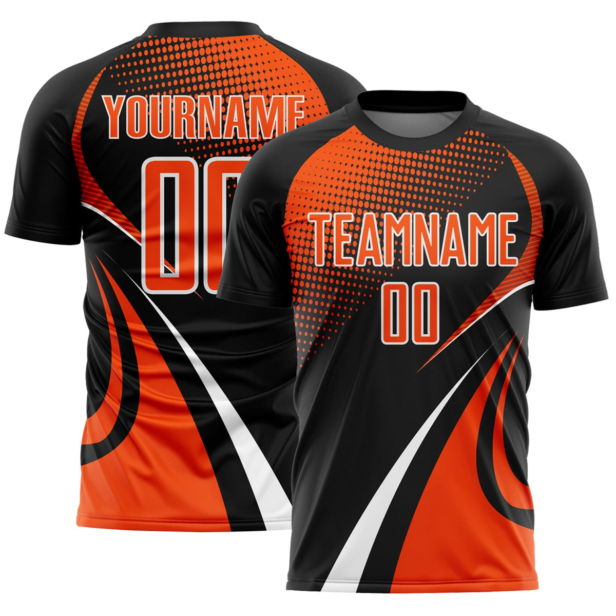 Custom Black Orange-White Halftone Dot Dynamic Curve Stripe Sublimation Soccer Uniform Jersey