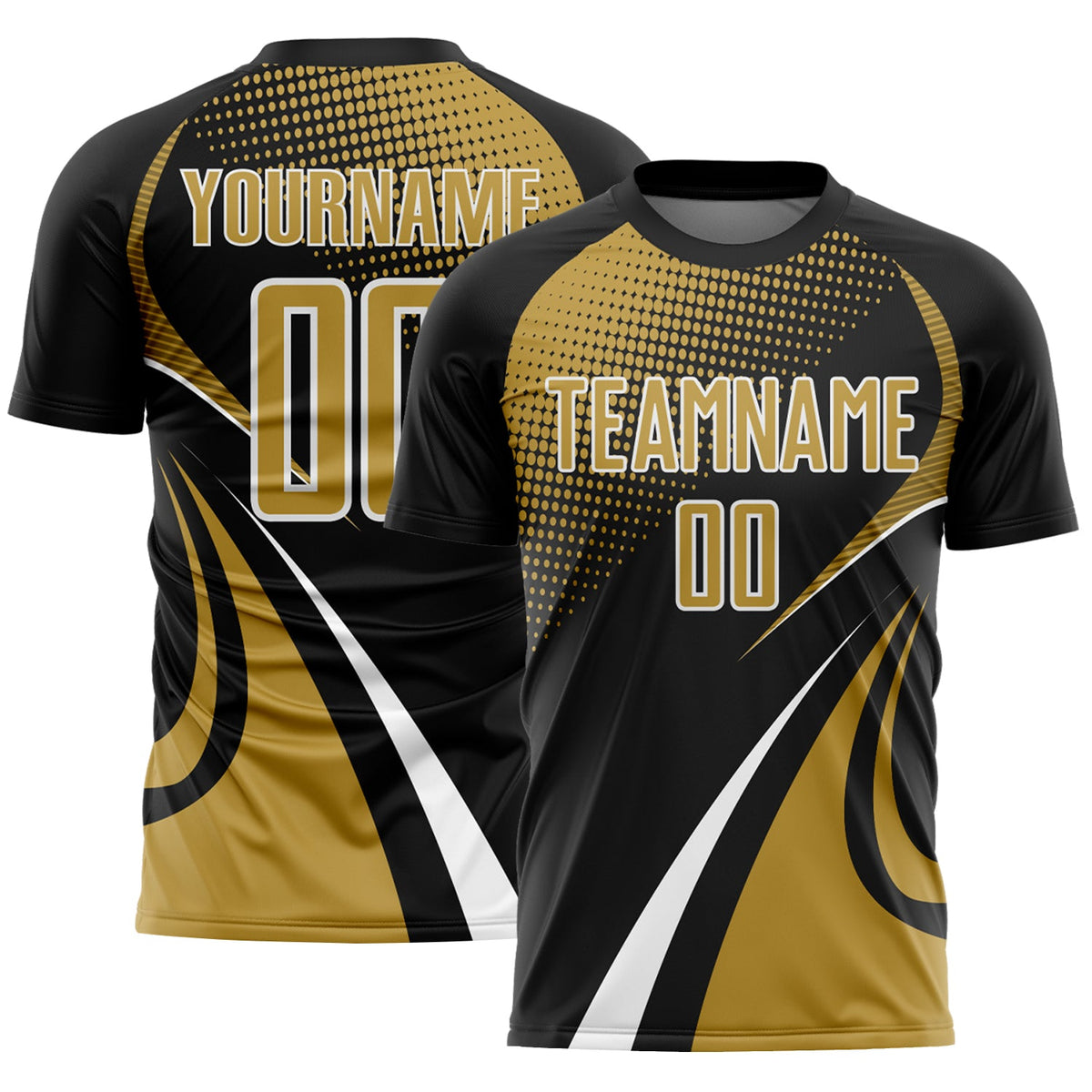 Custom Black Old Gold-White Halftone Dot Dynamic Curve Stripe Sublimation Soccer Uniform Jersey