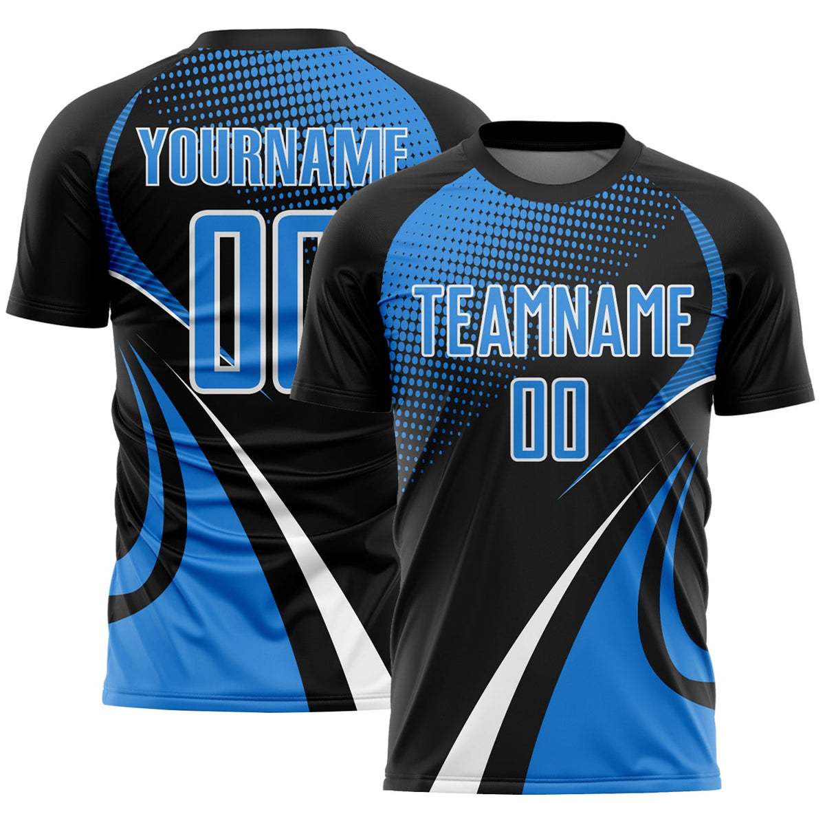 Custom Black Powder Blue-White Halftone Dot Dynamic Curve Stripe Sublimation Soccer Uniform Jersey