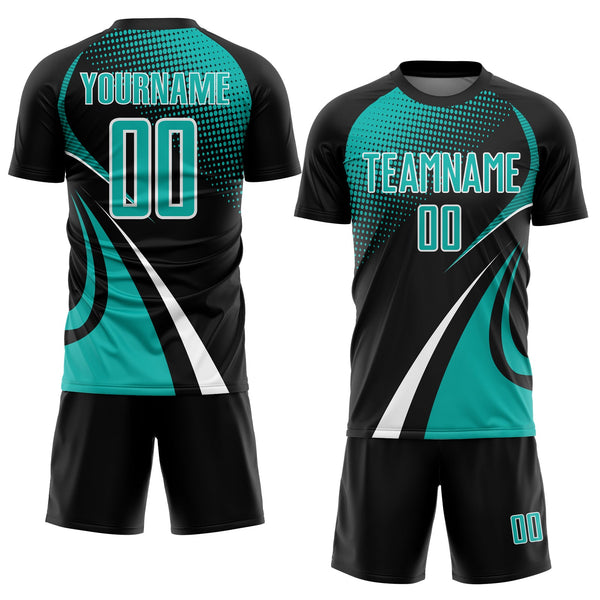 Custom Black Aqua-White Halftone Dot Dynamic Curve Stripe Sublimation Soccer Uniform Jersey alternate