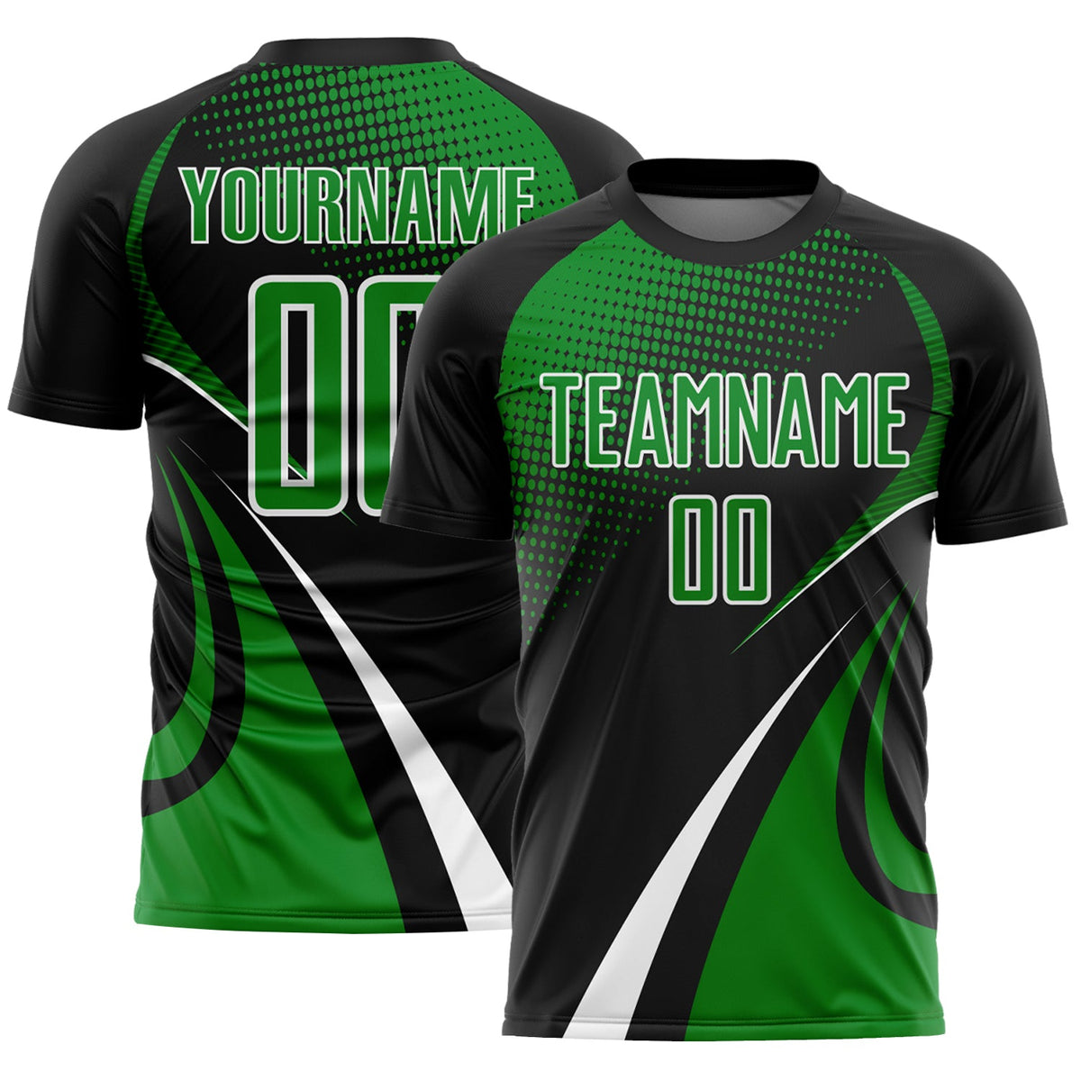 Custom Black Grass Green-White Halftone Dot Dynamic Curve Stripe Sublimation Soccer Uniform Jersey