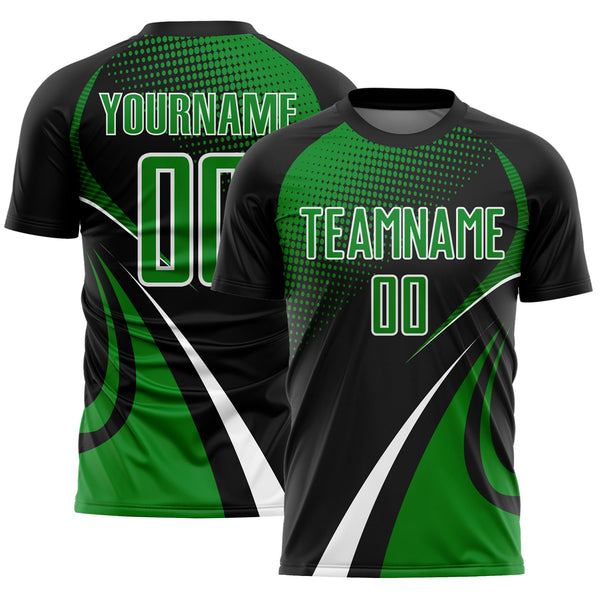 Custom Black Grass Green-White Halftone Dot Dynamic Curve Stripe Sublimation Soccer Uniform Jersey