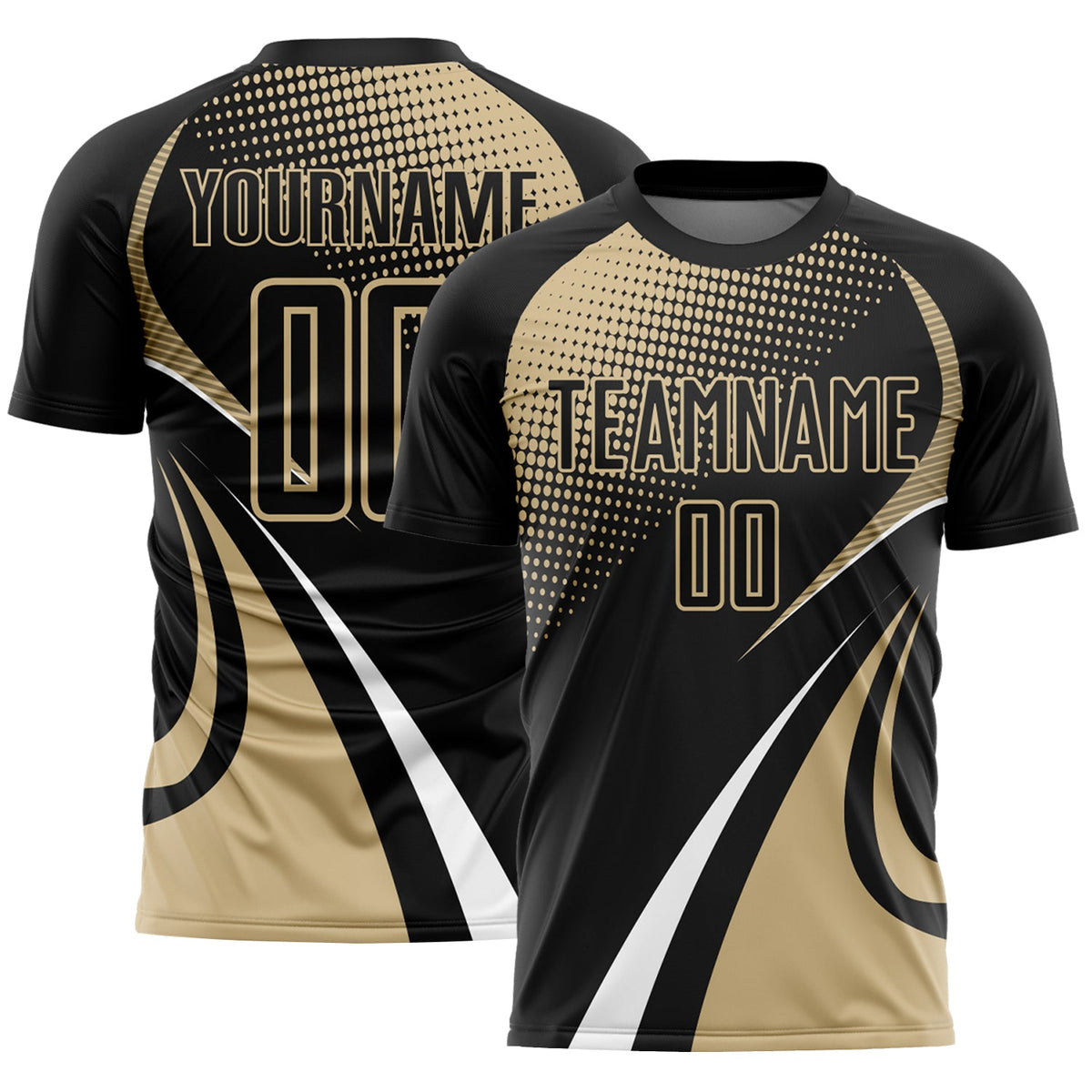 Custom Black Vegas Gold-White Halftone Dot Dynamic Curve Stripe Sublimation Soccer Uniform Jersey