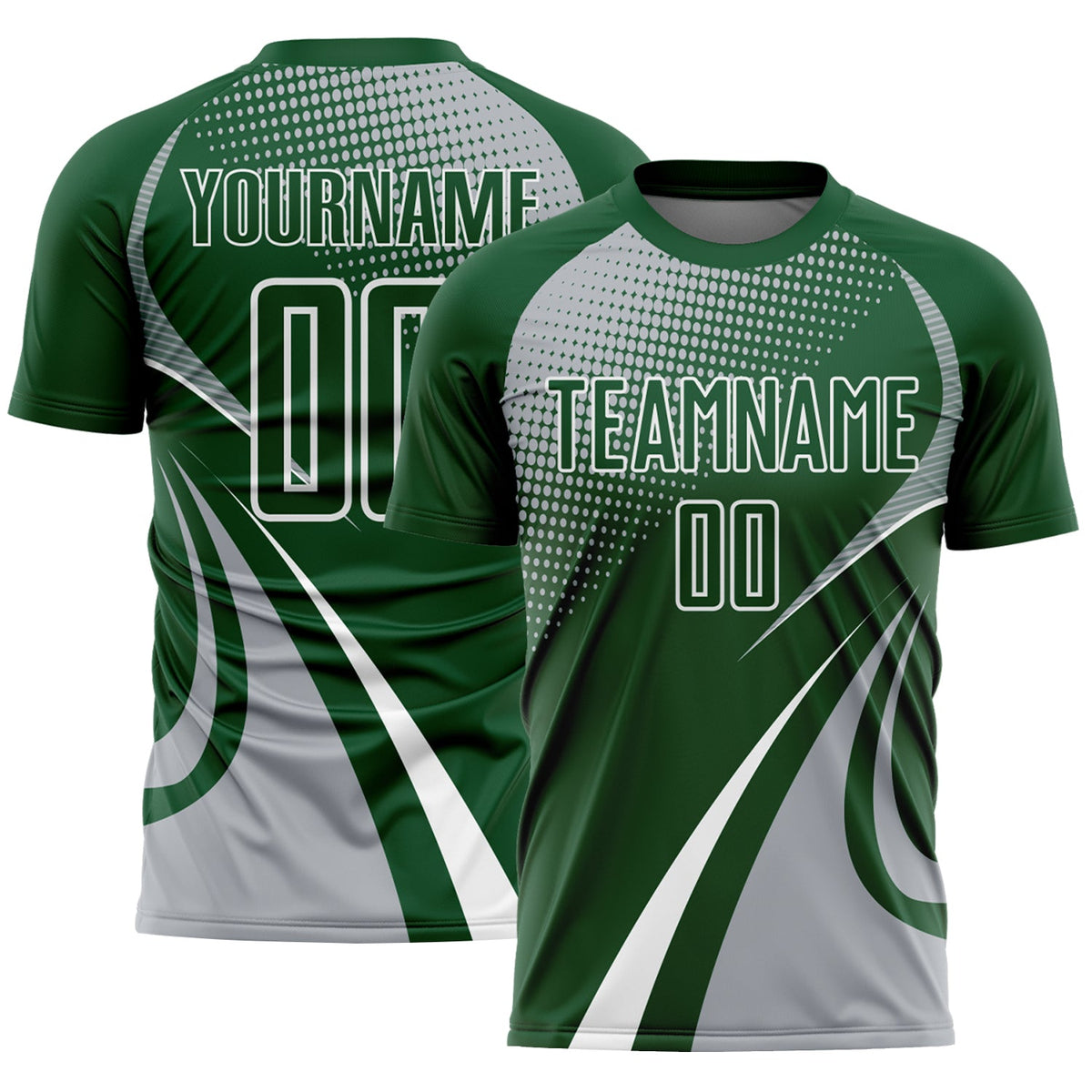 Custom Green Gray-White Halftone Dot Dynamic Curve Stripe Sublimation Soccer Uniform Jersey