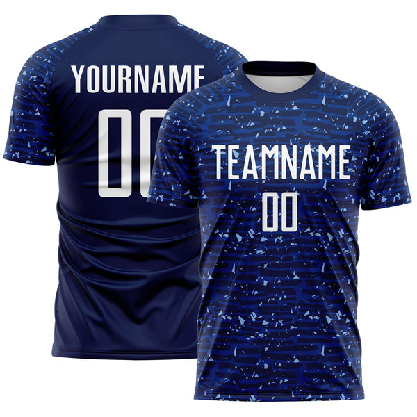 Custom Navy-White Distressed Fragment Brush Stroke Sublimation Soccer Uniform Jersey