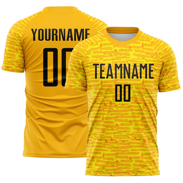 Custom Gold-Black Distressed Fragment Brush Stroke Sublimation Soccer Uniform Jersey