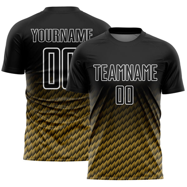 Custom Black Old Gold-White Geometric Wave Gradient Sublimation Soccer Uniform Jersey